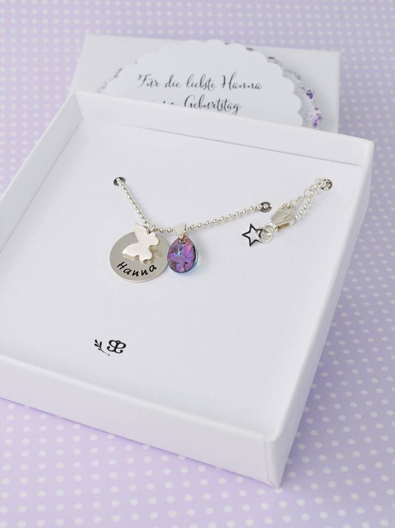 Halskette Für Mädchen Schmetterling Geburtsstein, Geburtstagskette Namenskette Freundin Frau Mit Gravur Geschenk Geburt Personalisiert von amberemotion