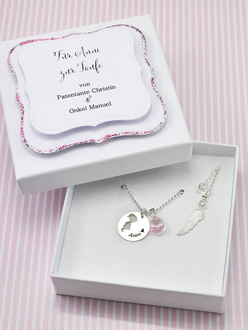 Taufkette Mädchen Mit Engelsflügel Geburtsstein Namenskette Gravur Taufgeschenk Kette Swarovski Patenkind Taufgeschenke Für von amberemotion