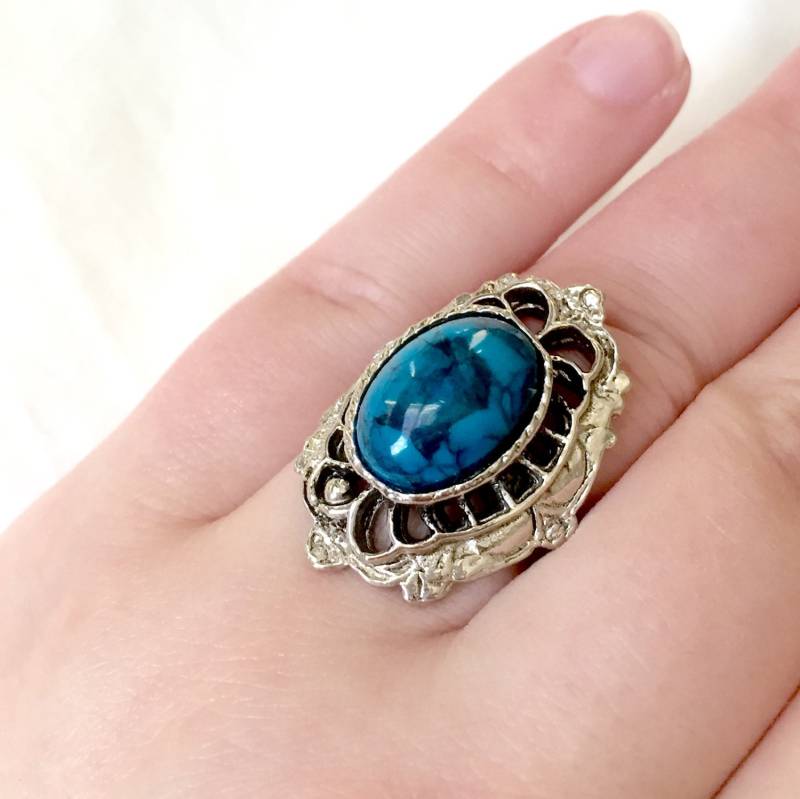 Jahrgang 1970 Große Aussage Faux Gefälschte Türkis Oval Cabochon Silber Ton Filigrane Verstellbaren Bandring von amdesignworks