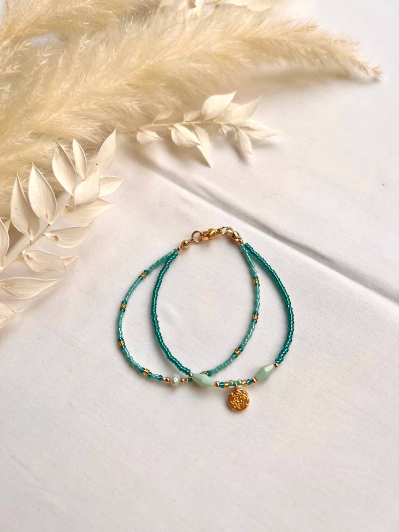 Doppelarmband Boho in Türkis/Petrol Gold von amelieadina