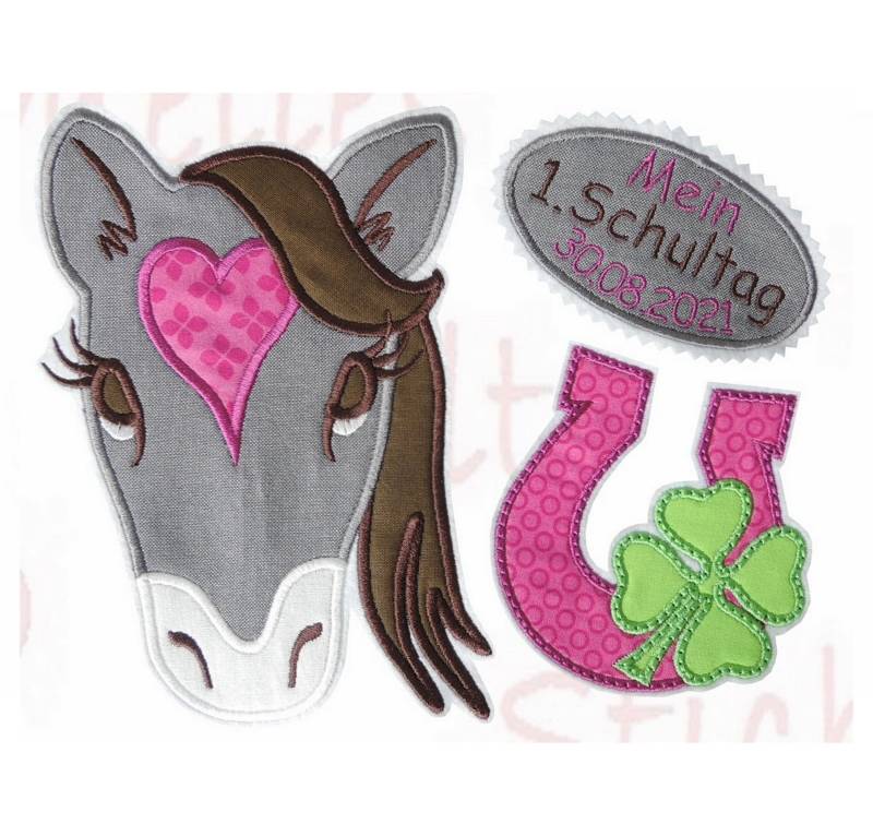 Applikation Aufnäher Schultüte Pferd Set 3 Teilig Pony Mädchen Flicken Patch Button Filz Handmade Gestickt Mit Schulkind Und Hufeisen von ameliesweltstickt