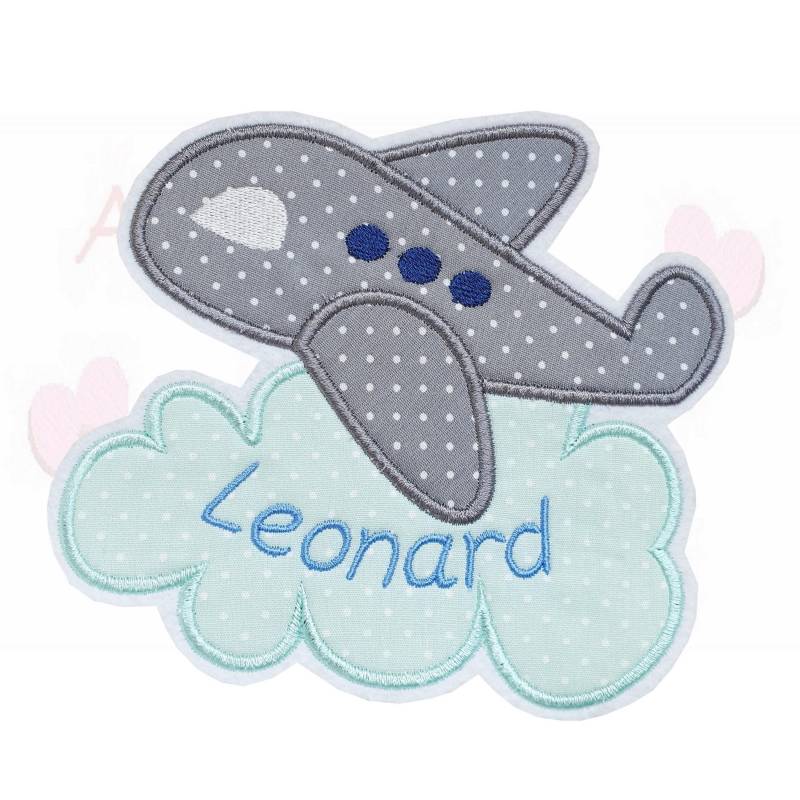 Aufnäher Flugzeug Mit Name Personalisiert Applikation in Grau Mint Gestickt von ameliesweltstickt