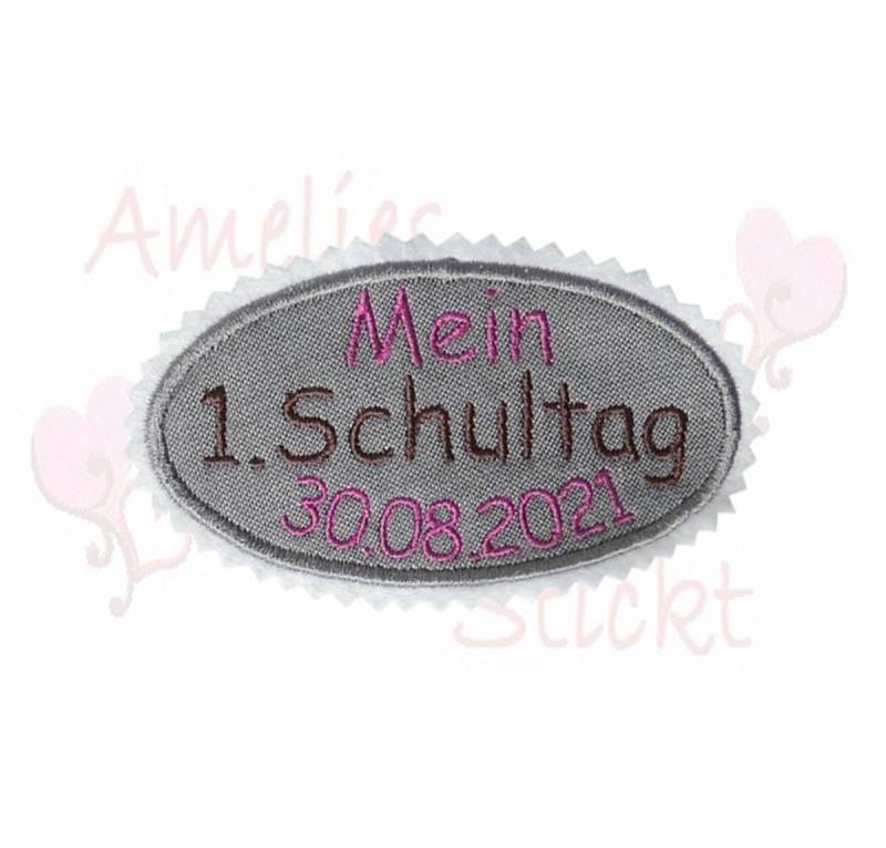 Aufnäher Mein Erster Schultag Button Applikation Grau Brombeer Schultüte Nähen Basteln Kinder Schulkind Gestickt Zuckertüte Bügelbild von ameliesweltstickt