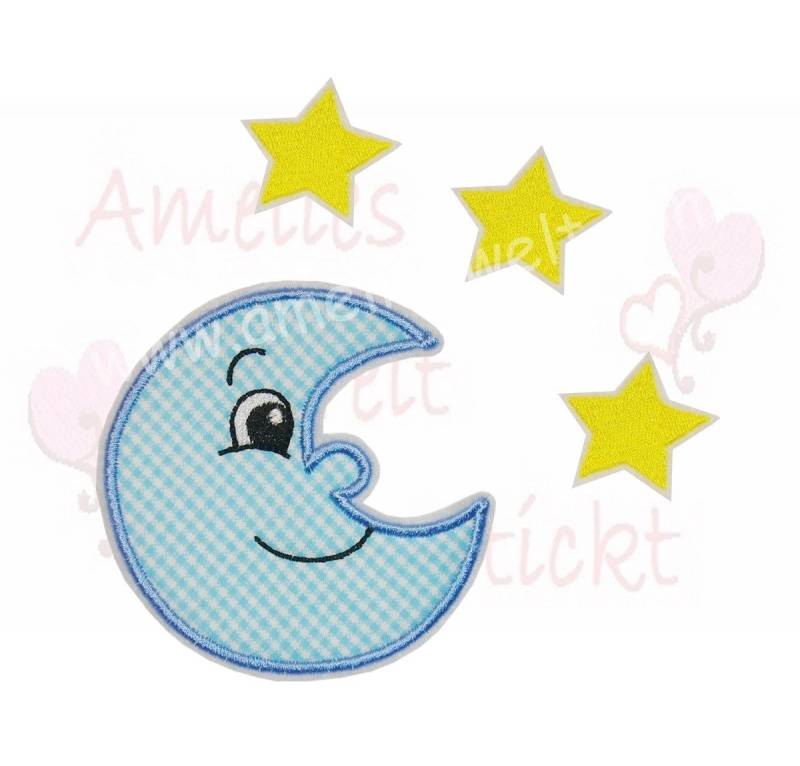 Aufnäher Mond Und 3 Sterne Im Set Applikation Bügelbild Stickerei Gestickt Handarbeit, Patch Flicken Button Zum Aufbügeln von ameliesweltstickt
