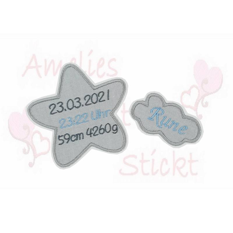Aufnäher Set Stoffapplikation Stern Wolke Mit Name - Uhrzeit- Datum Gewicht Applikation Grau Hellblau Taufe Geburt Baby Bügelbild von ameliesweltstickt