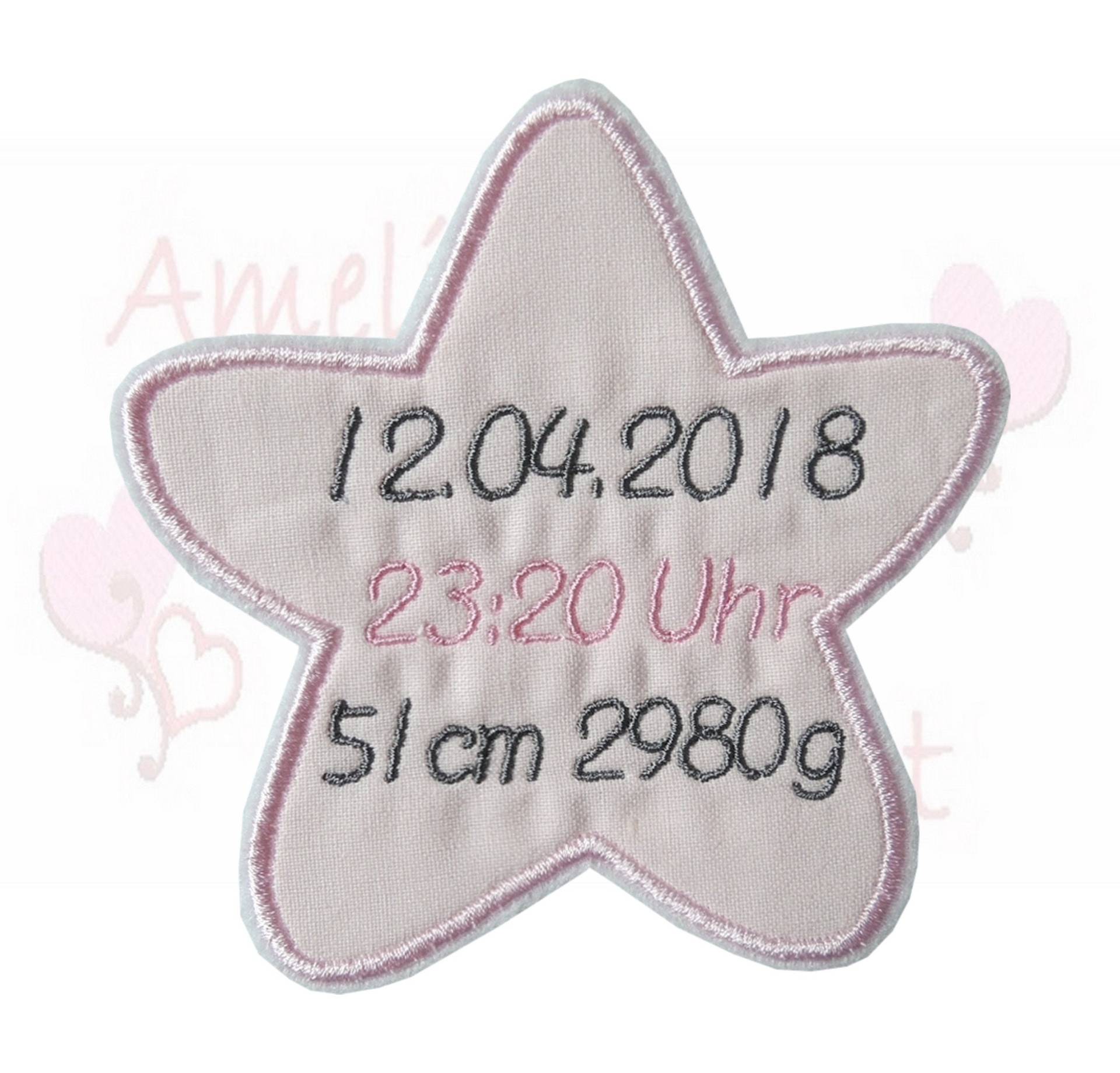 Aufnäher Stoffapplikation Stern Mit Uhrzeit- Datum - Gewicht Applikation Stickerei Rosa Grau Taufe Geburt Baby Kinder Bügelbild Aufnäher Stoffapplikation Stern Mit Uhrzeit- Datum - Gewicht Applikation Stickerei Rosa Grau Taufe Geburt Baby Kinder Bügelbild von ameliesweltstickt