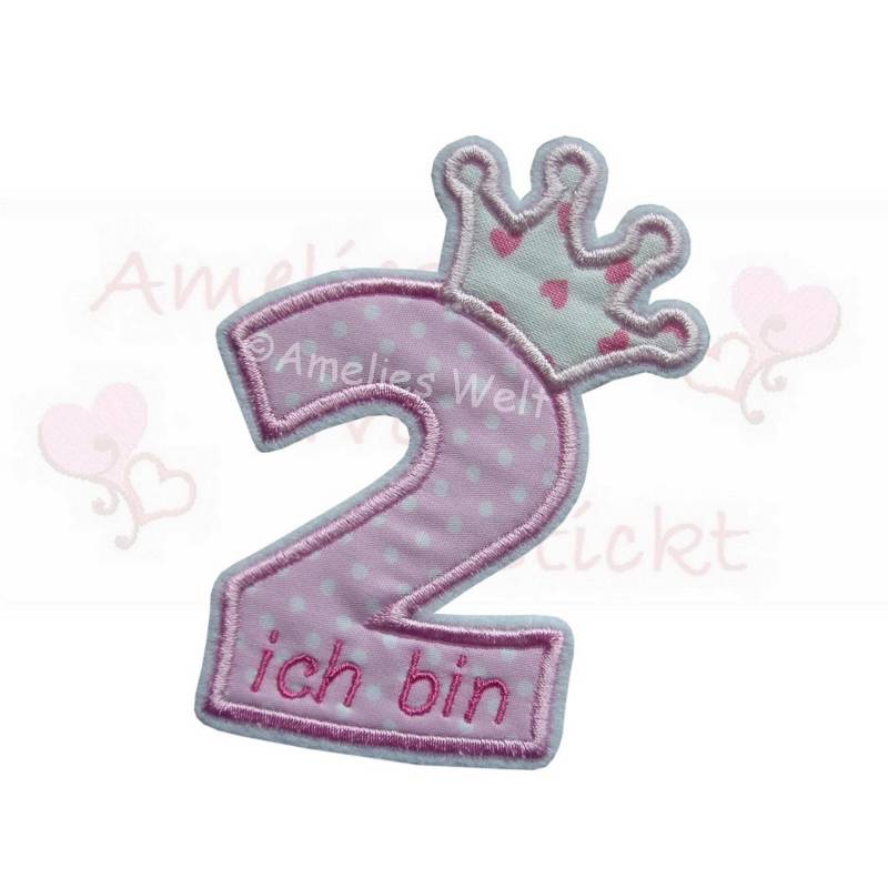 Patch/Applikation/Aufnäher/Bügelbild - Geburtstagszahl, Zahlen Mit Krone Rosa Mädchen Babys von ameliesweltstickt