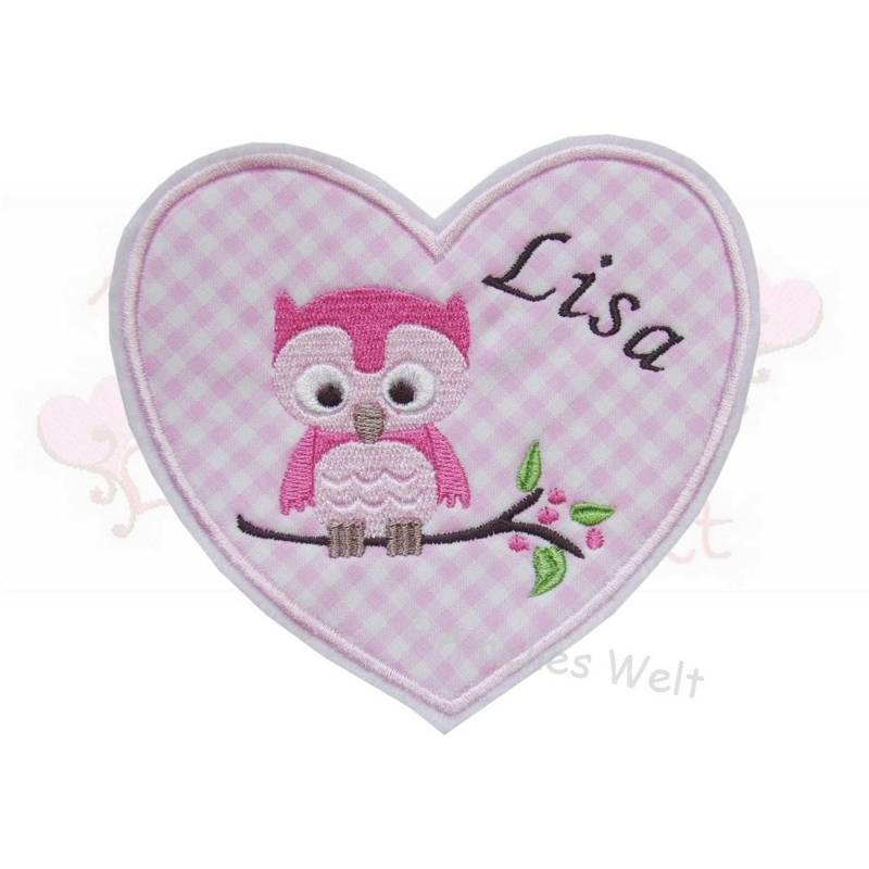 Herz Mit Name Und Eule Applikation Aüfnäher Rosa Pink Kariert Vichy Personalisiert Gestickt von ameliesweltstickt