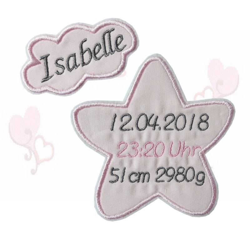 Set Stoffapplikation Stern Wolke Mit Name - Uhrzeit- Datum Gewicht Applikation Aufnäher Stickerei Rosa Grau Taufe Geburt Baby Bügelbild von ameliesweltstickt