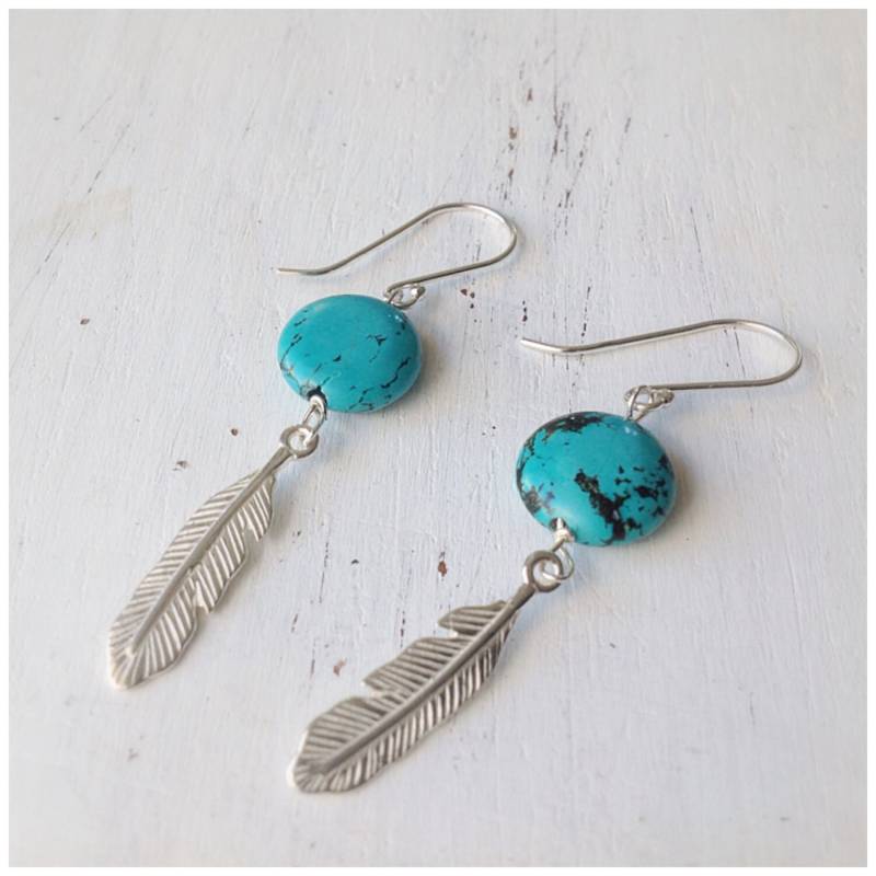 Silberne Feder Ohrringe, Türkis Federohrringe, Boho Silber Ohrringe - D447 von amitvtamar