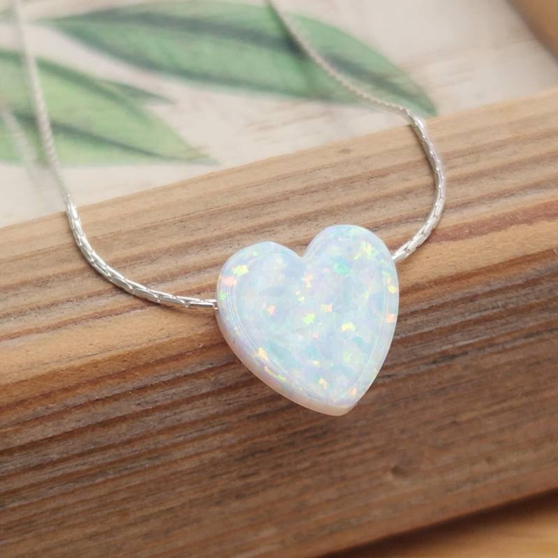 Weißes Herz Opal Halskette Sterling Silber Kette Edelstein Weiß Schmuck -009 von amitvtamar
