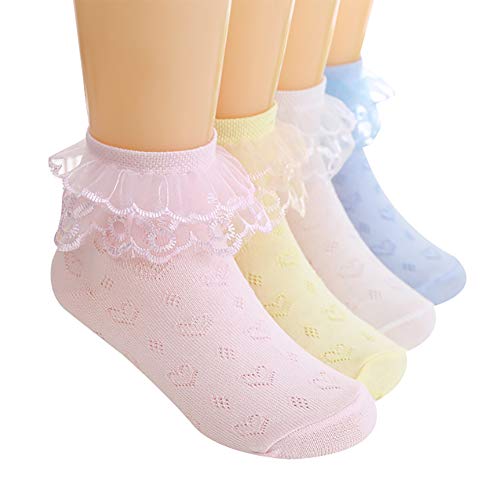 amiyan 4 Paar Mädchen Sommer Spitze Socken Kinder Prinzessin Baumwolle Rüschen Tanzen Söckchen (10-13 Jahre) von amiyan