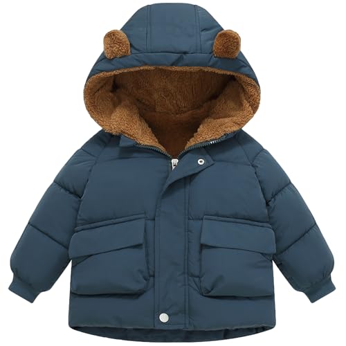 amiyan Baby Jungen Warm Steppjacke Baumwolle Winter Mantel Dicke Kinderjacke Winterjacke Flaum gefüttert Winter Kapuzenjacke mit Bärenohr Outerwear Blau, 1-2 Jahre, 90 von amiyan