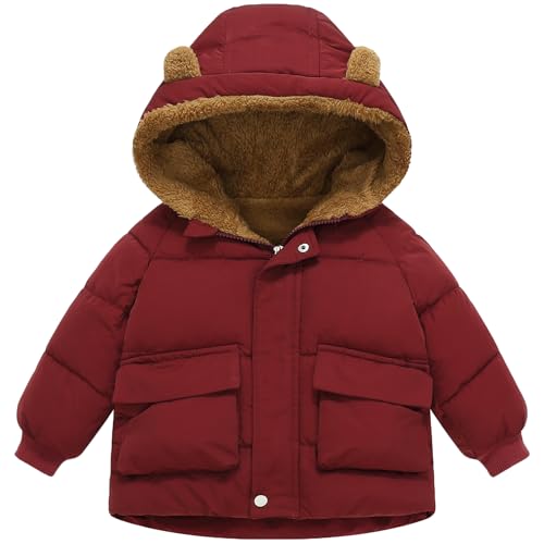 amiyan Baby Jungen Warm Steppjacke Baumwolle Winter Mantel Dicke Kinderjacke Winterjacke Flaum gefüttert Winter Kapuzenjacke mit Bärenohr Outerwear Rot, 2-3 Jahre, 100 von amiyan