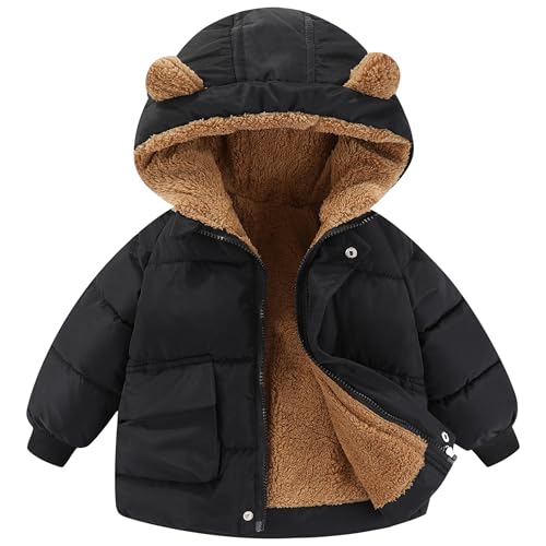 amiyan Baby Jungen Warm Steppjacke Baumwolle Winter Mantel Dicke Kinderjacke Winterjacke Flaum gefüttert Winter Kapuzenjacke mit Bärenohr Outerwear Schwarz, 1-2 Jahre, 90 von amiyan