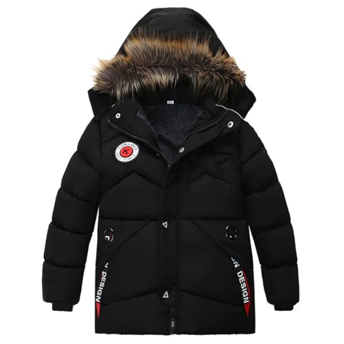 amiyan Baby Jungen Warm Steppjacke Baumwolle Winter Mantel Dicke Kinderjacke Winterjacke Flaum gefüttert Winter Kapuzenjacke mit Kunstfell Outerwear 8-9 Jahre, Schwarz, XXL, 128-134 von amiyan