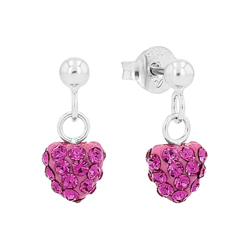 Amor Ohrhänger 925 Sterling Silber Mädchen Kinder Ohrschmuck, mit Kristallglas, 1,3 cm, Pink, Herz, Kommt in Schmuck Geschenk Box, 9210435 von Amor