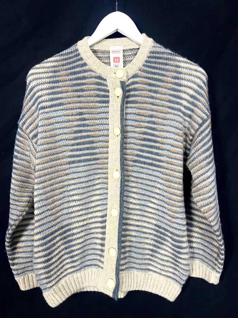80Er Jahre Vintage Strickjacke - Pullover Von St. Michael. Gestreifter Blau Beige Cardigan Mit Taschen. 12Uk von amoriabridle