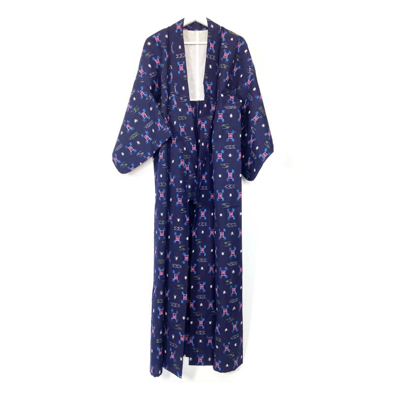 80Er Jahre Vintage Kimono Robe in Marineblau. Blauer Moderner Kimono. Boho Dandy Stil Robe. Ikat Muster Mantel von amoriabridle