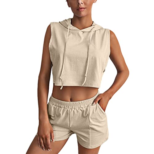 amropi 2 Stück Sportanzüge für Damen Trainingsanzug Crop Top mit Kapuze und Shorts Sportswear Khaki,XXL von amropi