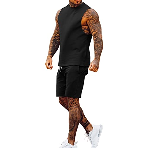 amropi 2 Teile Herren Sommer Trainingsanzug Sportanzug T-Shirts + Kurze Hose Sets Schwarz,L von amropi