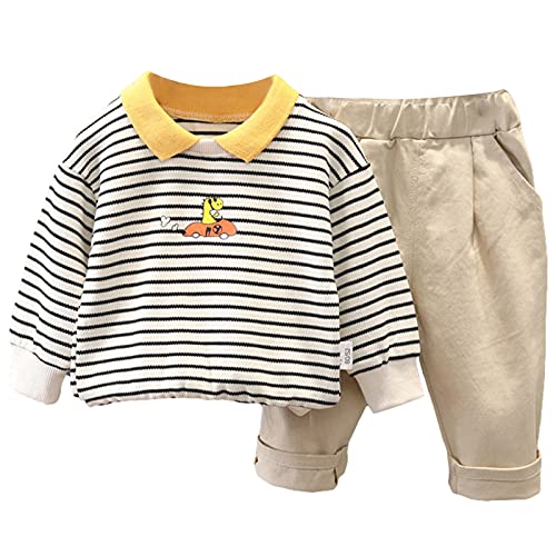 amropi Baby Jungen Gestreift Kleidung Langarm Pullover Sweatshirts und Hose Babykleidung Set Weiß Khaki, 1-2 Jahre von amropi