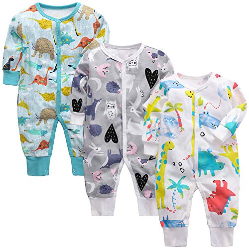 amropi Baby Jungen Strampler Baumwolle Pyjamas 3er-Pack Schlafanzug Schlafstrampler Overalls 0-3 Monate,Blau/Grau/Weiß von amropi