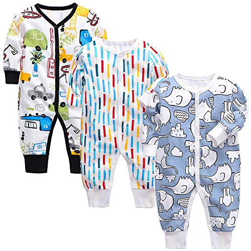 amropi Baby Jungen Strampler Baumwolle Pyjamas 3er-Pack Schlafanzug Schlafstrampler Overalls 0-3 Monate,Schwarz/Weiß/Blau von amropi