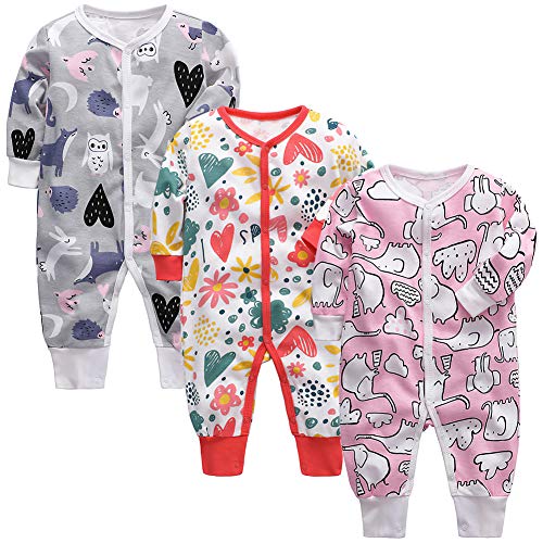 amropi Baby Jungen Mädchen Strampler Baumwolle Langarm 3er-Pack Jumpsuit mit knöpfen Overalls 18-24 Monate,Gelb/Rot/Rosa von amropi