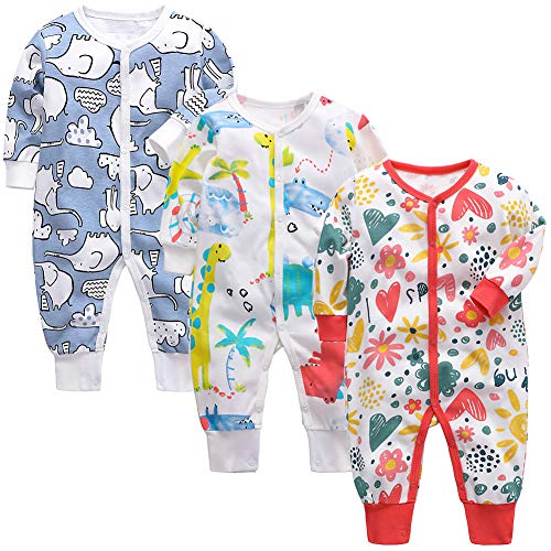 amropi Baby Jungen Mädchen Strampler Baumwolle Langarm 3er-Pack Jumpsuit mit knöpfen Overalls 3-6 Monate,Blau/Gelb/Rot von amropi
