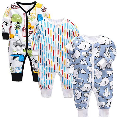 amropi Baby Jungen Strampler Baumwolle Pyjamas 3er-Pack Schlafanzug Schlafstrampler Overalls 9-12 Monate,Schwarz/Weiß/Blau von amropi