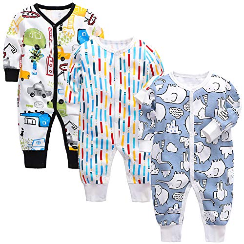amropi Baby Jungen Mädchen Strampler Baumwolle Langarm 3er-Pack Jumpsuit mit knöpfen Overalls 9-12 Monate,Schwarz/Weiß/Blau von amropi