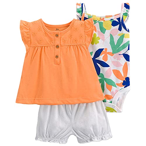 amropi Baby Mädchen 3tlg Sommer Bekleidungsset Kurzarm T-Shirt + Body Strampler + Shorts Set 9-12 Monate,Orange von amropi