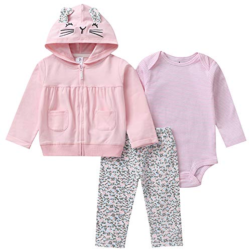amropi Baby Mädchen Bekleidungssets 3 Stück Warme Mäntel mit Kapuze + Strampler Tops + Hosen Trainingsanzug (Pinke Blume,18-24 Monate) von amropi