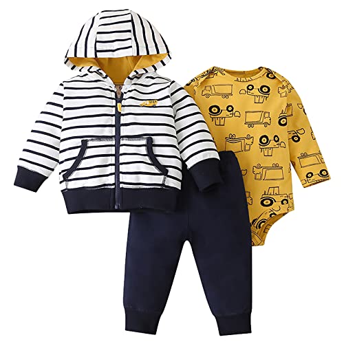 amropi Baby Mädchen Bekleidungssets Langarm Kleidung Set Hoodie Mäntel + Strampler Tops + Hosen 3 Stück Warme Outfits (Gelb Auto,3-6 Monate) von amropi