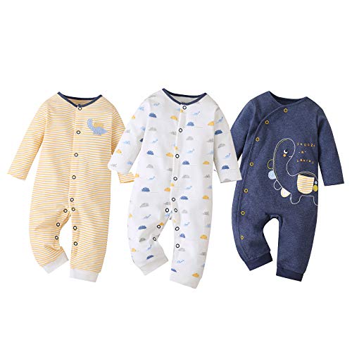 amropi Baby Mädchen Jungen Strampler 3er-Pack Baumwolle Schlafanzug Schlafstrampler 0-3 Monate,Gelb/Weiß/Marine von amropi