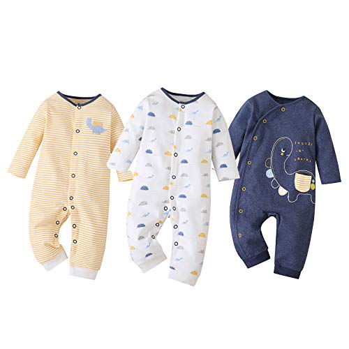 amropi Baby Mädchen Jungen Strampler 3er-Pack Baumwolle Jumpsuit Langarm Overalls 0-3 Monate,Gelb/Weiß/Marine von amropi