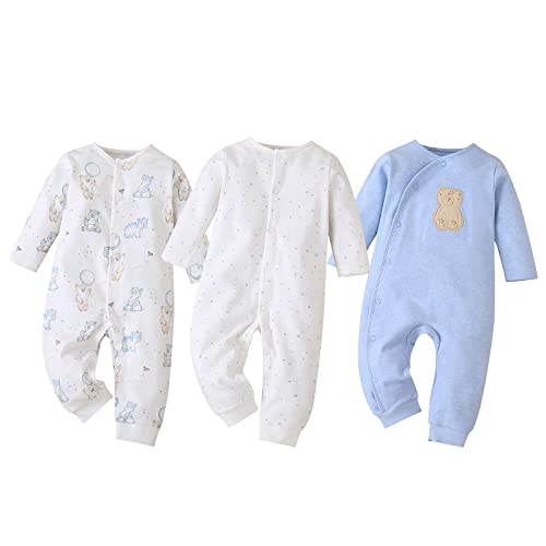 amropi Baby Mädchen Jungen Strampler 3er-Pack Baumwolle Schlafanzug Schlafstrampler 0-3 Monate,Weiß/Blau/Weiß von amropi