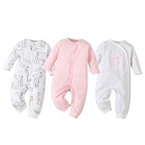 amropi Baby Mädchen Jungen Strampler 3er-Pack Baumwolle Schlafanzug Schlafstrampler 0-3 Monate,Weiß/Rosa/Weiß von amropi