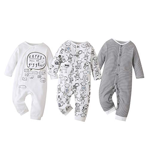 amropi Baby Mädchen Jungen Strampler 3er-Pack Baumwolle Jumpsuit Langarm Overalls 3-6 Monate,Weiß/Weiß/Grau von amropi