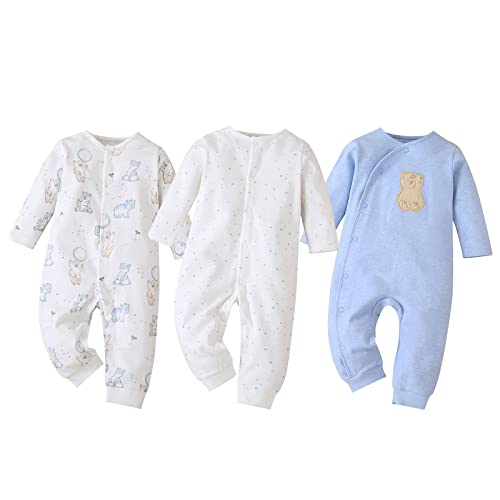 amropi Baby Mädchen Jungen Strampler 3er-Pack Baumwolle Jumpsuit Langarm Overalls 6-9 Monate,Weiß/Blau/Weiß von amropi