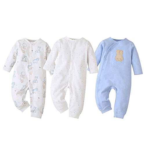 amropi Baby Mädchen Jungen Strampler 3er-Pack Baumwolle Schlafanzug Schlafstrampler 9-12 Monate,Weiß/Blau/Weiß von amropi