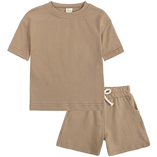 amropi Baby Mädchen Kurzarm T-Shirt + Kurze Hosen Set 2 Stück Sommer Kleidung Kaffee, 2-3 Jahre von amropi