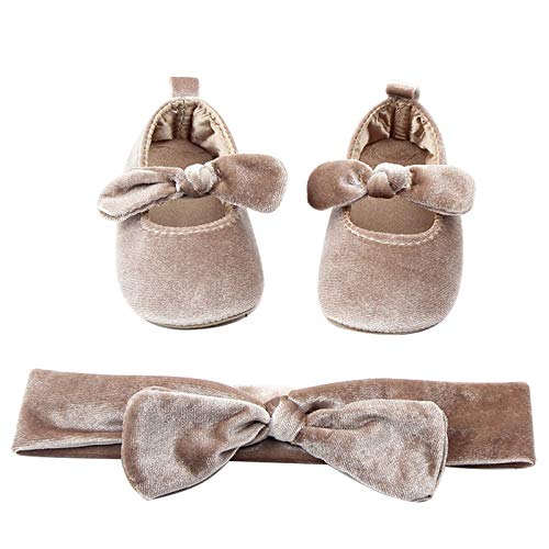 amropi Baby Mädchen Lauflernschuhe mit Haarband Krabbelschuhe Kleinkind Taufe Prinzessin Ballerina Schuhe (Mandel, 0-6 Monate) von amropi