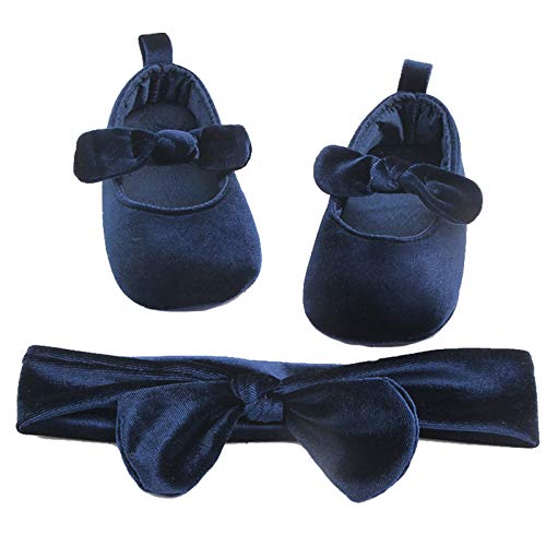 amropi Baby Mädchen Lauflernschuhe mit Haarband Krabbelschuhe Kleinkind Taufe Prinzessin Ballerina Schuhe (Marine, 0-6 Monate) von amropi