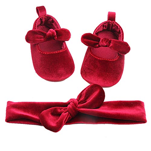 amropi Baby Mädchen Lauflernschuhe mit Haarband Krabbelschuhe Kleinkind Taufe Prinzessin Ballerina Schuhe (Rot, 0-6 Monate) von amropi