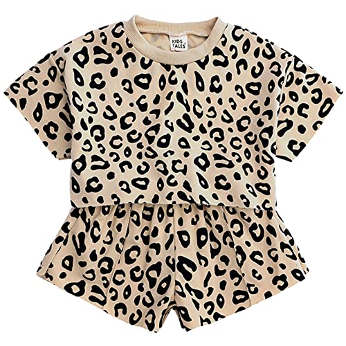 amropi Baby Mädchen Leopard Kurzarm T-Shirt + Kurze Hosen Set 2 Stück Sommer Kleidung Khaki, 3-4 Jahre von amropi