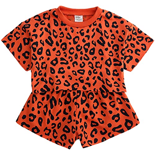 amropi Baby Mädchen Leopard Kurzarm T-Shirt + Kurze Hosen Set 2 Stück Sommer Kleidung Orange, 5-6 Jahre von amropi
