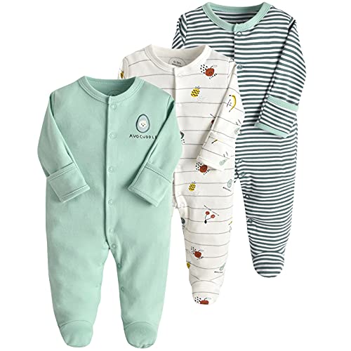 amropi Baby Mädchen Schlafstrampler 3er Pack Jungen Pyjamas Baumwolle Overalls Strampler 0-3 Monate,Grün Weiß Streifen von amropi