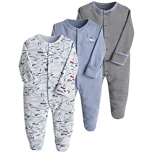 amropi Baby Mädchen Schlafstrampler 3er Pack Jungen Pyjamas Baumwolle Overalls Strampler 3-6 Monate,Blau Grau Streifen von amropi